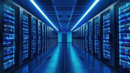 Futuristic data center with rows of glowing blue server racks and reflective floor, ideal for cloud computing, IT infrastructure, and technology industry presentations