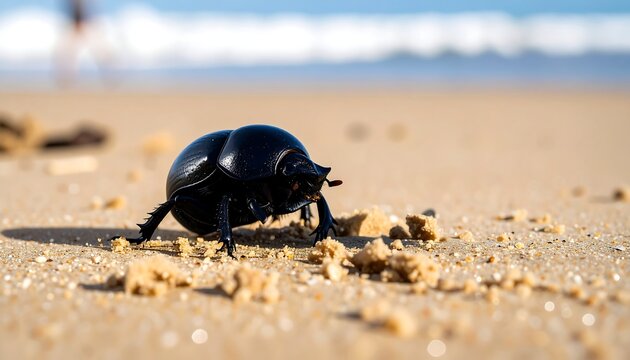 A black beetle crawls across a sandy beach