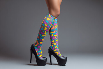 Legs in colorful patterned hosiery & high heels, set against a neutral gray backdrop. Focus on fashion-forward style and visual appeal.