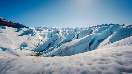 Fototapeta premium A vast glacier stretches under a clear blue sky, with jagged ice formations and deep crevasses creating a dramatic icy landscape
