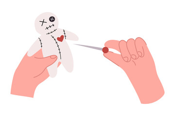 Two hands performing a voodoo ritual: one hand holds a voodoo doll while the other inserts a pin. Fun illustration in a spooky,  perfect for Halloween designs. 