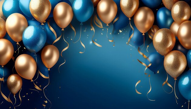 celebration birthday wedding ballons blue golden golden ribbons flying on the top of image blue background texture card