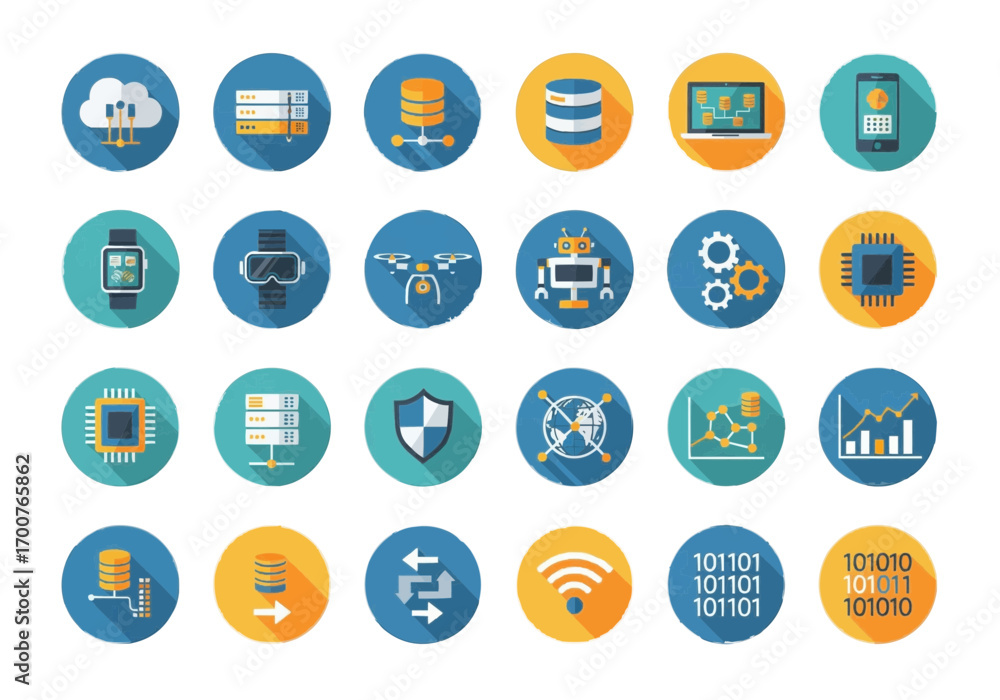 Aufkleber a collection of flat design icons representing various aspects of technology and digital services, i