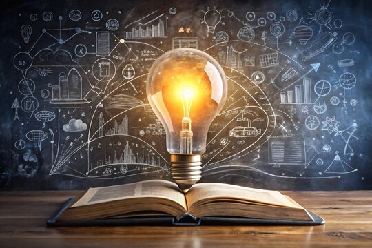A glowing lightbulb rests on an open book, symbolizing a bright idea emerging from knowledge and research.