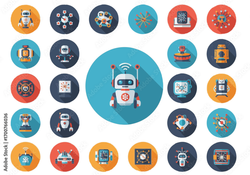 Aufkleber a collection of flat design icons depicting robots, artificial intelligence, and related technology 