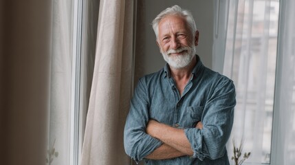 portrait of happy retired senior man standing at home near window satisfied old man looking at camera and smiling while standing near the window positive and confident elderly enjoy his retirement no