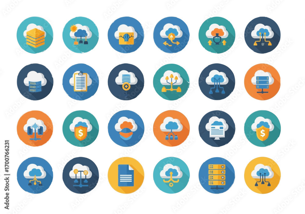 Aufkleber collection of cloud computing and data storage icons on blue circles.
