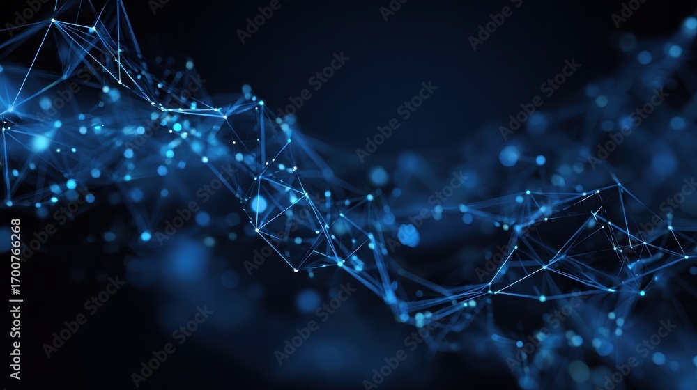 Poster abstract futuristic visualization of cybersecurity technology with glowing polygons connected dots a