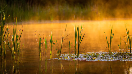 Tall green reeds emerge from a misty lake at sunrise, reflecting the warm golden light