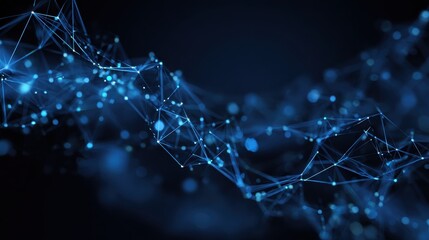 abstract futuristic visualization of cybersecurity technology with glowing polygons connected dots and dynamic digital lines on dark blue background representing internet network security and data p