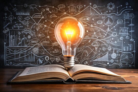 A glowing light bulb illuminates an open book against a chalkboard background filled with intricate scientific diagrams and interconnected ideas, symbolizing knowledge, innovation, and learning.