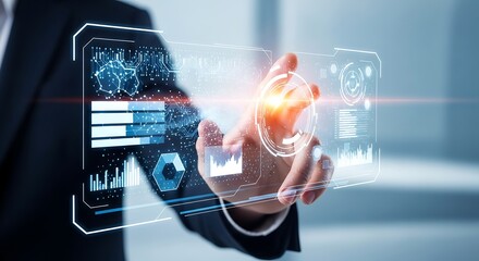 Business Professional Interacting with Futuristic Digital Data Display for Strategic Insight and Future Planning