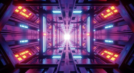 Futuristic Neon Sci Fi Tunnel Corridor With Glowing Lights And Digital Patterns