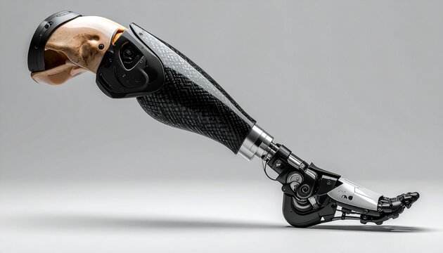 Prosthetic leg with advanced bionic technology on a gray background.