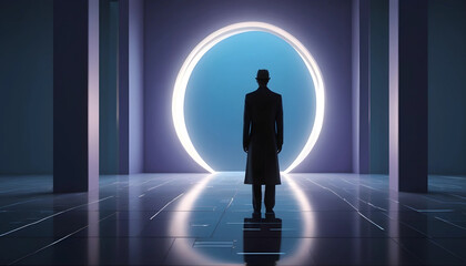 Obraz premium Silhouette of a Man in a Coat Standing in Front of a Glowing Ring Portal, Futuristic Technology and Sci-Fi, Perfect for Concepts of Time Travel or Future Business