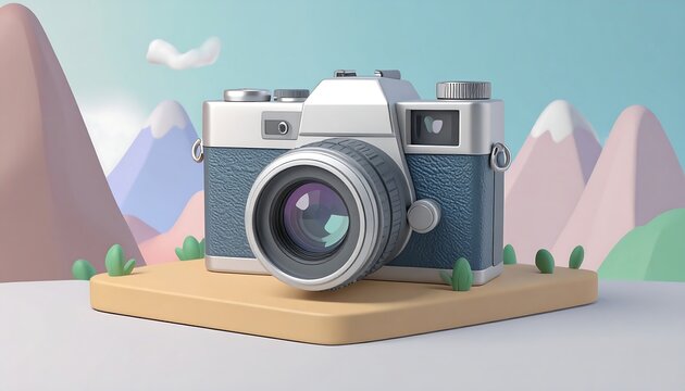 Retro camera on a platform, mountainscape background - Powered by Adobe