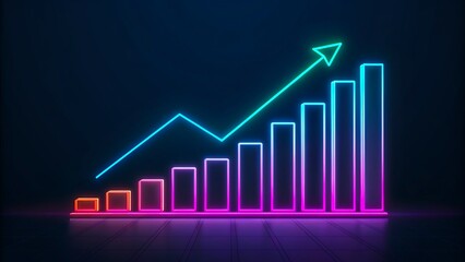 Neon glowing bar chart with rising arrow showing business growth and financial success illustration 
