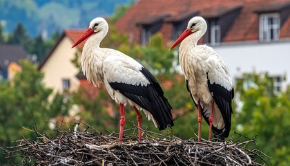 Fototapeta premium Two storks stand tall in a rustic nest, their white plumage contrasting with the dark markings on their wings and legs, against a backdrop of charming buildings and verdant trees.