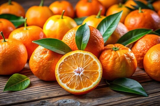 A close-up shot of a pile of fresh, ripe oranges, with one orange cut in half to reveal its juicy interior, resting on a rustic wooden surface.