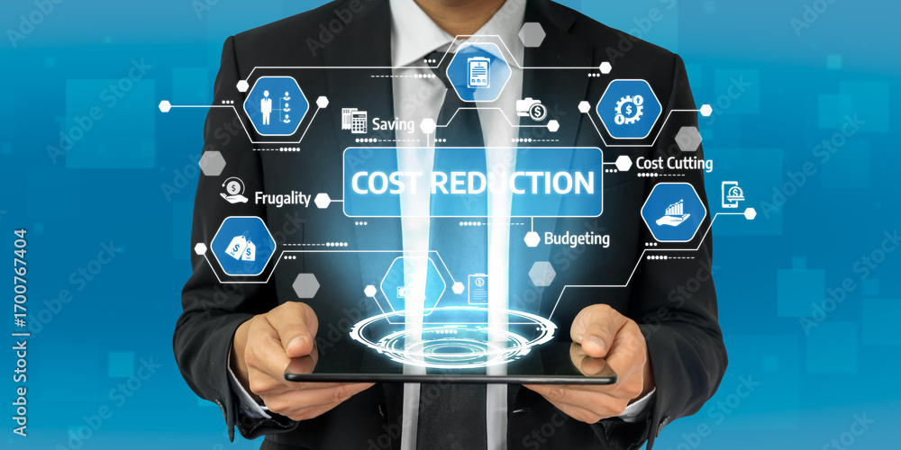 Poster a businessman showcases a tablet displaying financial data visualization with cost reduction and bud