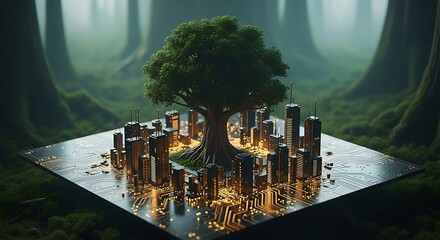 Green technology urban landscape with a vibrant tree at the center