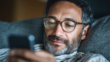 closeup of a man hand holding cellphone with internet browser on screen man with spectacles relaxing sitting on couch closeup of mature latin man using smartphone to checking email at home no logos n