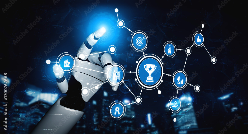 Poster a robotic hand reaches towards digital icons in a futuristic setting, symbolizing technology and inn