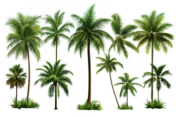 Obraz premium Collection of diverse palm trees with lush green foliage and textured trunks isolated on transparent background