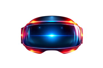 Futuristic virtual reality headset with glowing red and blue edges displaying a cosmic starry sky within the lens
