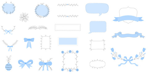 set of frames with ribbon bow, flowers, leaves and speech bubbles in doodle line art illustration