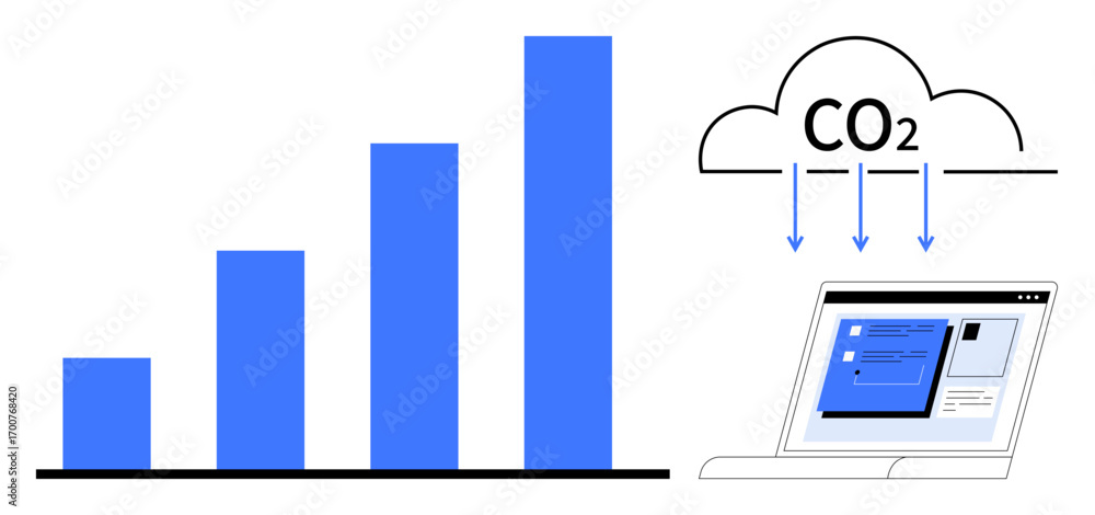 Poster bar chart showing upward growth alongside cloud labeled co2 and arrows pointing to a laptop with web