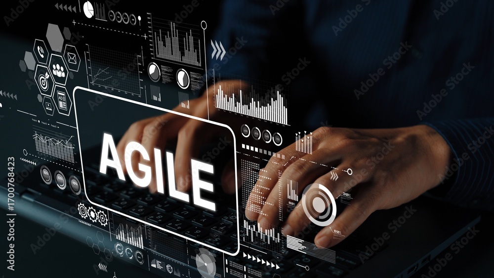 Aufkleber hands typing on a laptop with digital interface symbols representing agile project management concep