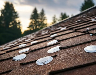 old roof with hail damaged shingles chalk circles mark the damage shallow depth of field