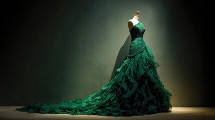 14041403 01 luxurious emerald green evening dress on vintage mannequin cinematic lighting dark moody background dramatic shadows elegance fashion concept