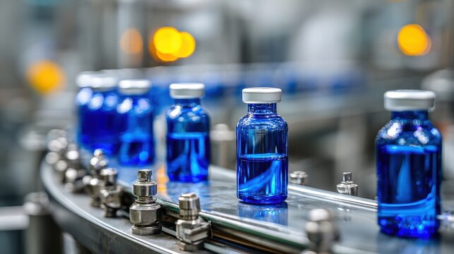 Premium photo of automated conveyor with blue medical vials in glass bottles pharmaceutical production line in sterile factory environment industrial automation for vaccine or.