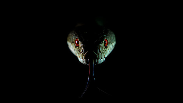 A close-up photograph of a blue cobra snake emerging from darkness 