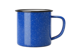 A vibrant blue speckled enamel camping mug with a metallic rim and handle isolated on transparent background