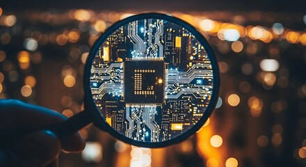 Examining the Intricate Details of a Microchip Through a Magnifying Glass with City Lights Bokeh Background