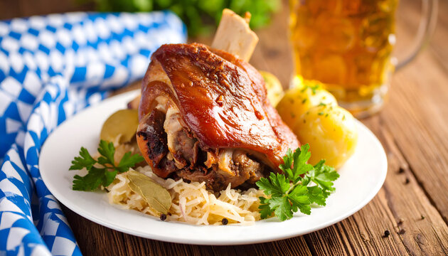 schweinshaxe, haxe, schweinsbraten, wiesn, oktoberfest, new, modern, sauerkraut, cabbage, food, kn&ouml;del, german, bavarian, meat, meal, dinner, pork, with, blue-white, checkered, cloth, wooden, table, 1