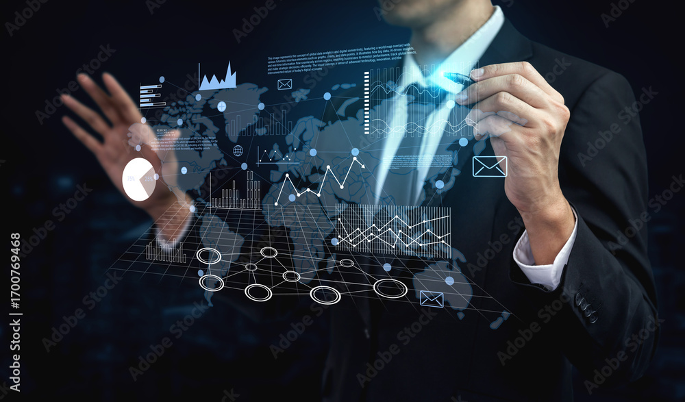 Poster global business data analysis and market research report. using analytics and statistics for insight