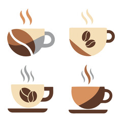 Four coffee cups are depicted, each with a unique design. Steam rises from each, suggesting a hot beverage. The cups feature coffee bean motifs and color variations.