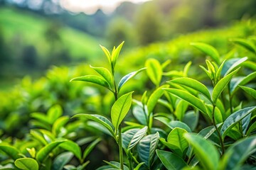 Obraz premium Vibrant green tea plants on a hillside plantation.