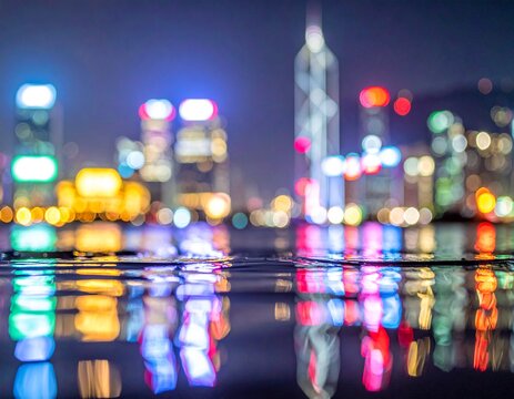 Macro shot of rippling water surface reflecting neon city lights