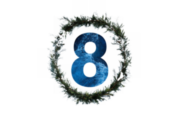 Number 8 formed by turbulent blue water surrounded by a frosty evergreen wreath waves