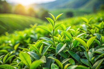Obraz premium Close-up view of a vibrant tea plantation, with lush green tea leaves and young shoots.