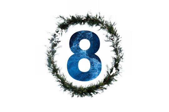 Number 8 formed by turbulent blue water surrounded by a frosty evergreen wreath waves