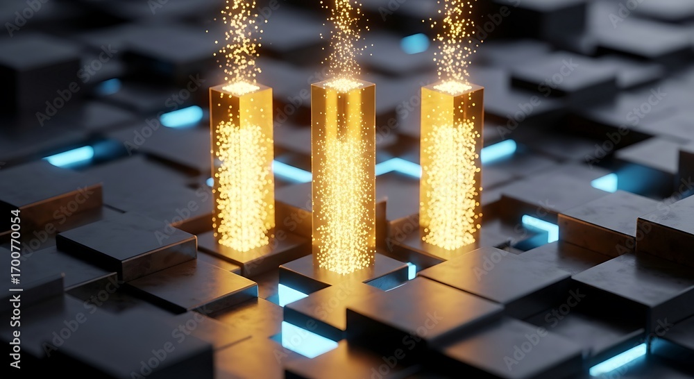 Poster abstract technology background: golden data streams flowing through digital network, futuristic 3d r