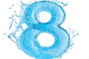 Dynamic splashing blue water forms the number eight with droplets suspended in motion
