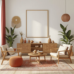A 3D illustration of a boho style decorated living room with wooden furniture, showcasing a modern, authentic interior design.