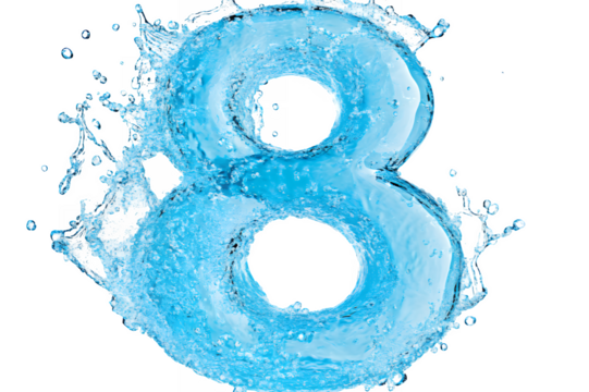 Dynamic splashing blue water forms the number eight with droplets suspended in motion